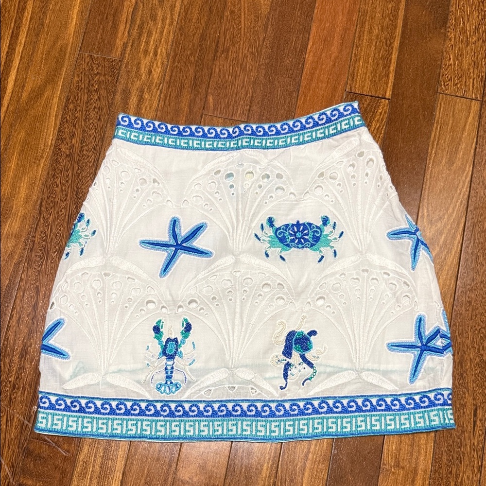 Maeve for Anthropologie Embroidered beaded  White and Blue Skirt size 4 NWOT